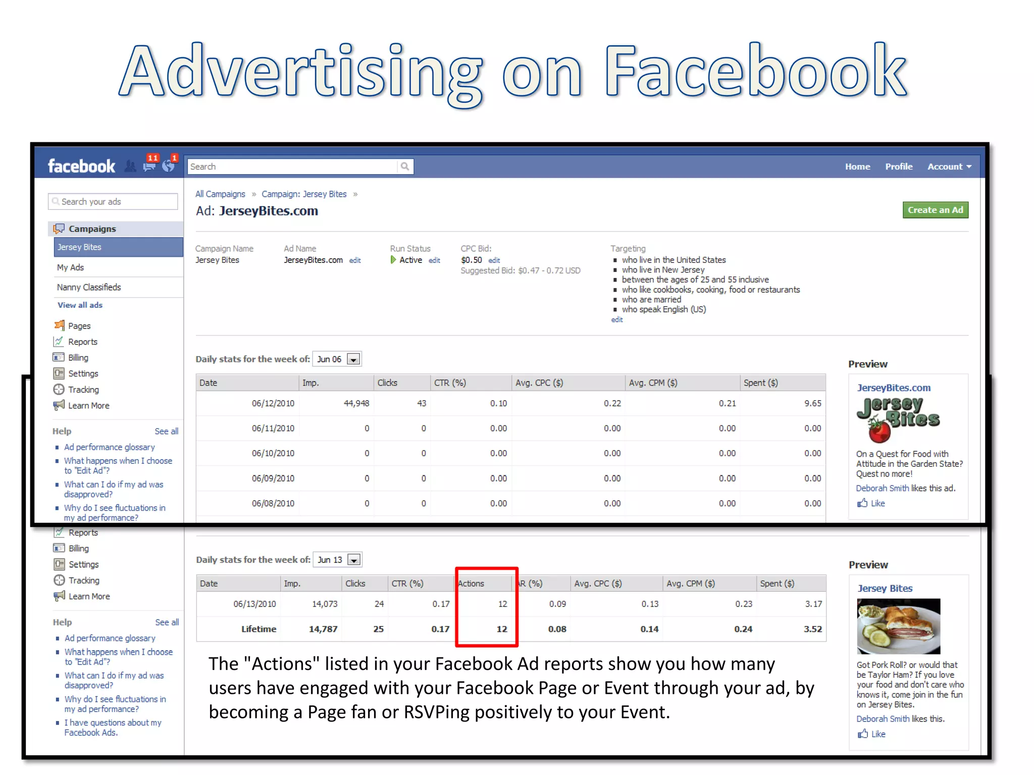 The "Actions" listed in your Facebook Ad reports show you how many
users have engaged with your Facebook Page or Event through your ad, by
becoming a Page fan or RSVPing positively to your Event.
 