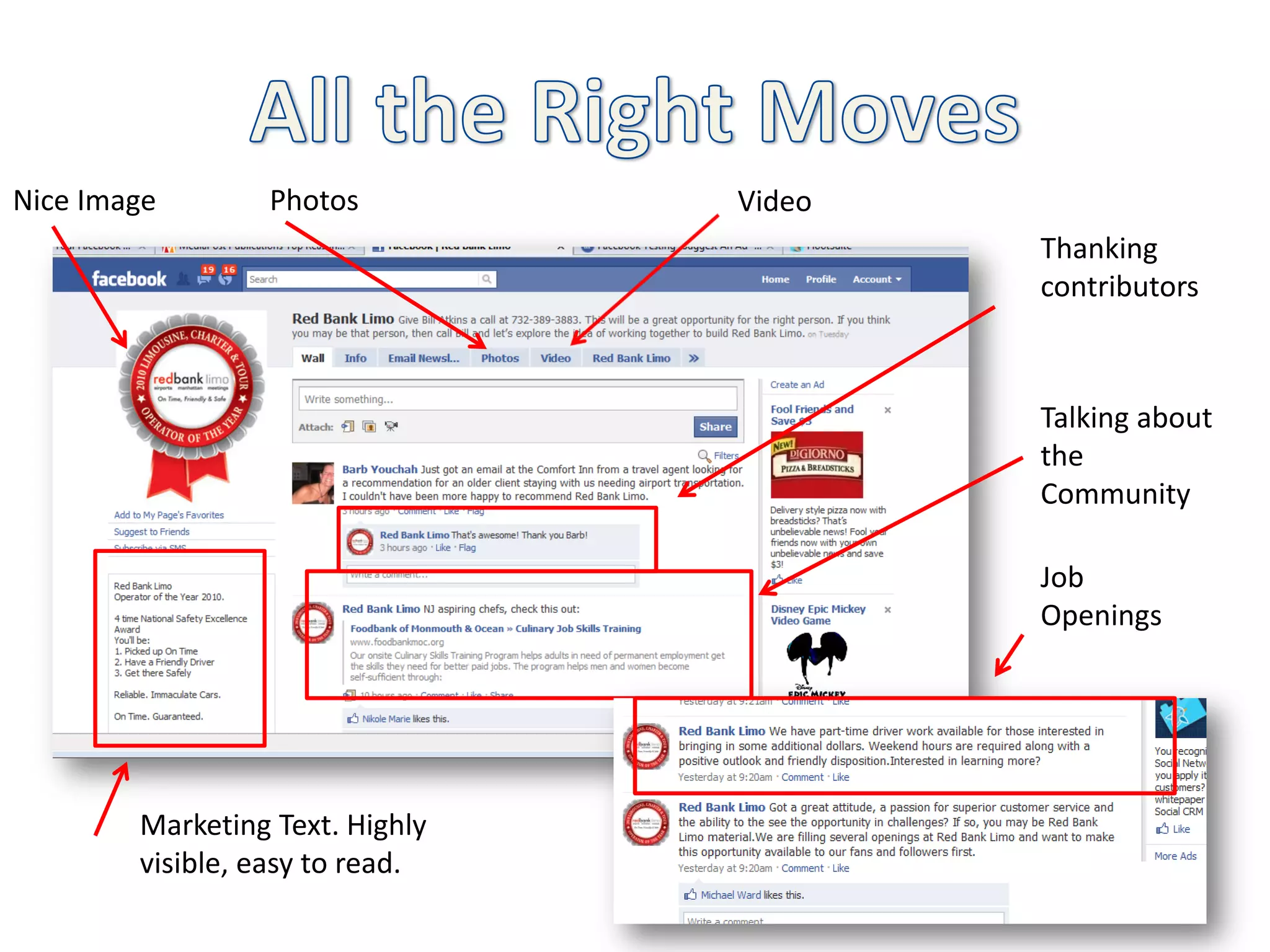 Nice Image       Photos          Video
                                         Thanking
                                         contributors



                                         Talking about
                                         the
                                         Community

                                         Job
                                         Openings




        Marketing Text. Highly
        visible, easy to read.
 