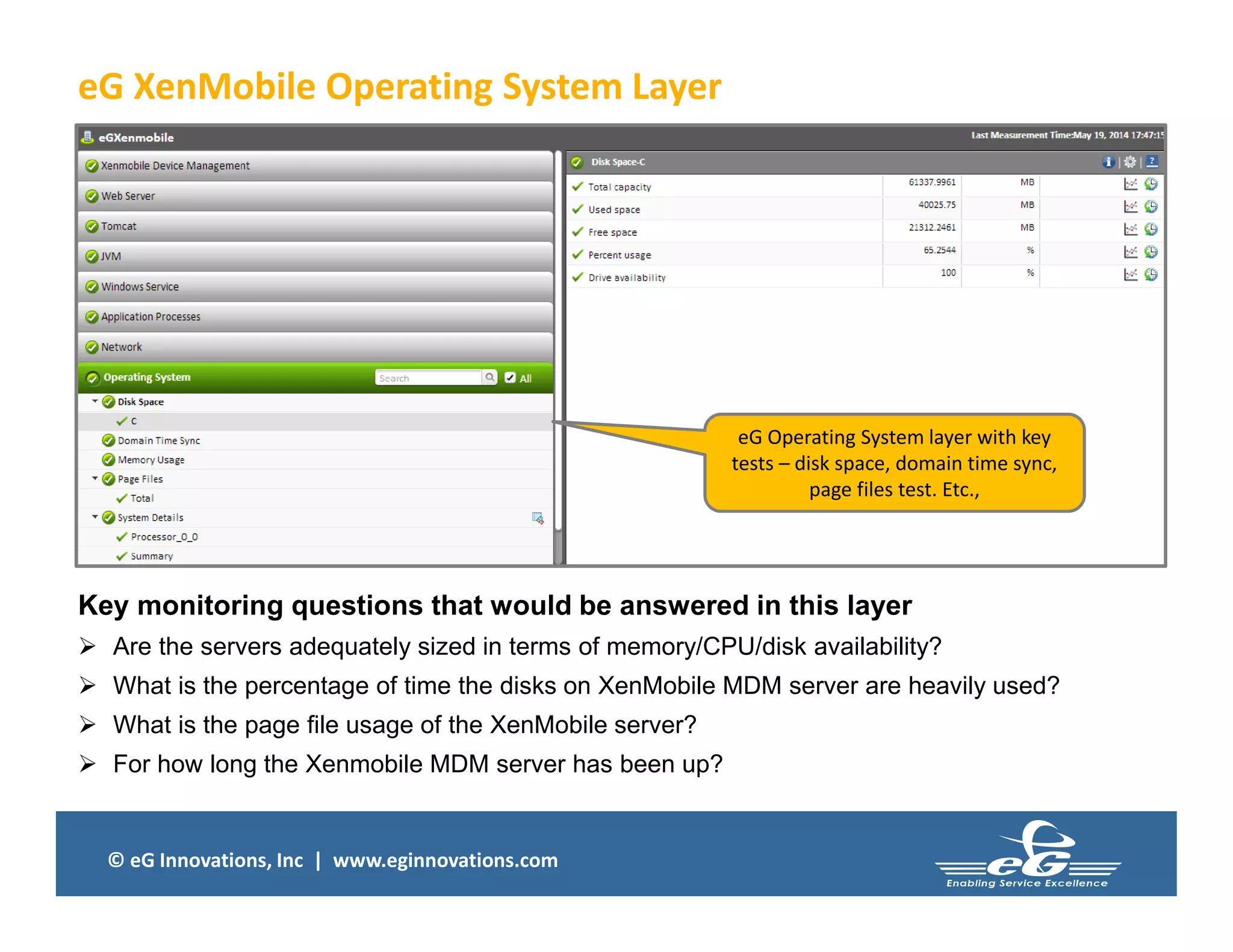 © eG Innovations, Inc | www.eginnovations.com
eG XenMobile Operating System Layer
Key monitoring questions that would be answered in this layer
 Are the servers adequately sized in terms of memory/CPU/disk availability?
 What is the percentage of time the disks on XenMobile MDM server are heavily used?
 What is the page file usage of the XenMobile server?
 For how long the Xenmobile MDM server has been up?
eG Operating System layer with key
tests – disk space, domain time sync,
page files test. Etc.,
 