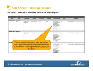 © eG Innovations, Inc | www.eginnovations.com
SQL Server – Backup Failures
From the application event logs, we noticed
that there are frequent backup failures in the
SQL database – relating to the rdcc_mysql_vic
database.
eG agents can monitor Windows application event logs too.
 