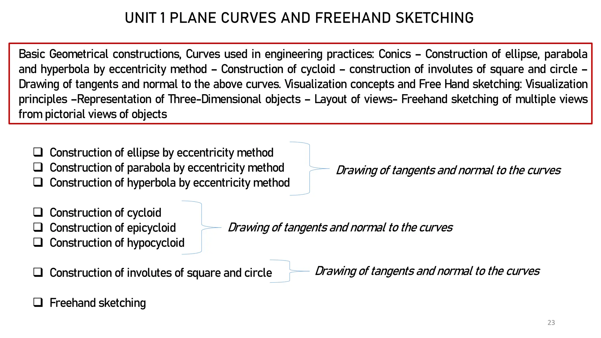 23
UNIT 1 PLANE CURVES AND FREEHAND SKETCHING
Basic Geometrical constructions, Curves used in engineering practices: Conics – Construction of ellipse, parabola
and hyperbola by eccentricity method – Construction of cycloid – construction of involutes of square and circle –
Drawing of tangents and normal to the above curves. Visualization concepts and Free Hand sketching: Visualization
principles –Representation of Three-Dimensional objects – Layout of views- Freehand sketching of multiple views
from pictorial views of objects
 Construction of ellipse by eccentricity method
 Construction of parabola by eccentricity method
 Construction of hyperbola by eccentricity method
 Construction of cycloid
 Construction of epicycloid
 Construction of hypocycloid
 Construction of involutes of square and circle
 Freehand sketching
Drawing of tangents and normal to the curves
Drawing of tangents and normal to the curves
Drawing of tangents and normal to the curves
 