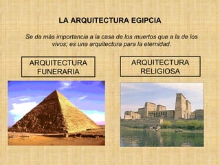 LA ARQUITECTURA EGIPCIA ARQUITECTURA FUNERARIA ARQUITECTURA RELIGIOSA Se da más importancia a la casa de los muertos que a la de los vivos; es una arquitectura para la eternidad. 
