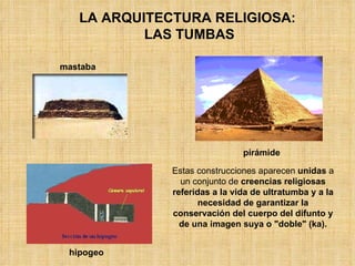 Estas construcciones aparecen  unidas  a un conjunto de  creencias religiosas   referidas a la vida de ultratumba y a la necesidad de garantizar la conservación del cuerpo del difunto y de una imagen suya o &quot;doble&quot; (ka). mastaba pirámide hipogeo LA ARQUITECTURA RELIGIOSA:  LAS TUMBAS 