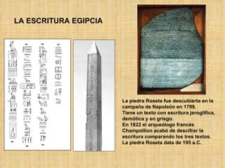 LA ESCRITURA EGIPCIA La piedra Roseta fue descubierta en la campaña de Napoleón en 1799.  Tiene un texto con escritura jeroglífica, demótica y en griego. En 1822 el arqueólogo francés Champollion acabó de descifrar la escritura comparando los tres textos. La piedra Roseta data de 195 a.C. 