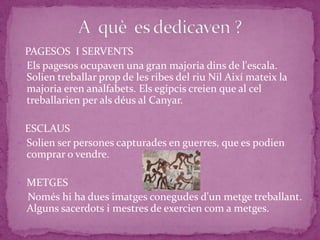 PAGESOS I SERVENTS
 Els pagesos ocupaven una gran majoria dins de l'escala.
  Solien treballar prop de les ribes del riu Nil Així mateix la
  majoria eren analfabets. Els egipcis creien que al cel
  treballarien per als déus al Canyar.

  ESCLAUS
 Solien ser persones capturades en guerres, que es podien
  comprar o vendre.

 METGES
  Només hi ha dues imatges conegudes d'un metge treballant.
  Alguns sacerdots i mestres de exercien com a metges.
 