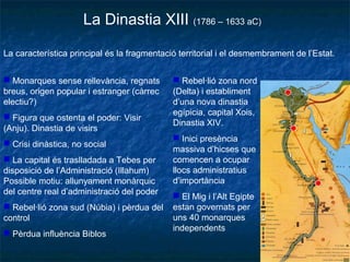 La Dinastia XIII (1786 – 1633 aC)
La característica principal és la fragmentació territorial i el desmembrament de l’Estat.
 Monarques sense rellevància, regnats
breus, origen popular i estranger (càrrec
electiu?)
 Figura que ostenta el poder: Visir
(Anju). Dinastia de visirs
 Crisi dinàstica, no social
 La capital és traslladada a Tebes per
disposició de l’Administració (Illahum)
Possible motiu: allunyament monàrquic
del centre real d’administració del poder
 Rebel·lió zona sud (Núbia) i pèrdua del
control
 Pèrdua influència Biblos
 Rebel·lió zona nord
(Delta) i establiment
d’una nova dinastia
egípicia, capital Xois,
Dinastia XIV.
 Inici presència
massiva d’hicses que
comencen a ocupar
llocs administratius
d’importància
 El Mig i l’Alt Egipte
estan governats per
uns 40 monarques
independents
 