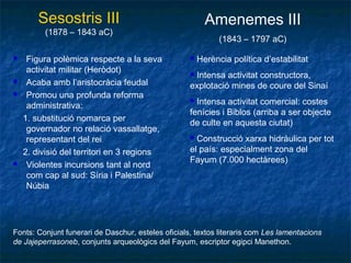 Sesostris III
(1878 – 1843 aC)
 Figura polèmica respecte a la seva
activitat militar (Heròdot)
 Acaba amb l’aristocràcia feudal
 Promou una profunda reforma
administrativa:
1. substitució nomarca per
governador no relació vassallatge,
representant del rei
2. divisió del territori en 3 regions
 Violentes incursions tant al nord
com cap al sud: Síria i Palestina/
Núbia
Amenemes III
(1843 – 1797 aC)
 Herència política d’estabilitat
 Intensa activitat constructora,
explotació mines de coure del Sinaí
 Intensa activitat comercial: costes
fenícies i Biblos (arriba a ser objecte
de culte en aquesta ciutat)
 Construcció xarxa hidràulica per tot
el país: especialment zona del
Fayum (7.000 hectàrees)
Fonts: Conjunt funerari de Daschur, esteles oficials, textos literaris com Les lamentacions
de Jajeperrasoneb, conjunts arqueològics del Fayum, escriptor egipci Manethon.
 