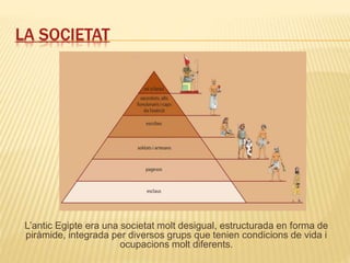 LA SOCIETAT
L’antic Egipte era una societat molt desigual, estructurada en forma de
piràmide, integrada per diversos grups que tenien condicions de vida i
ocupacions molt diferents.
 
