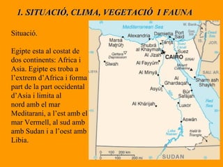 1. SITUACIÓ, CLIMA, VEGETACIÓ  I FAUNA Situació. Egipte esta al costat de dos continents: Africa i Asia. Egipte es troba a l’extrem d’Africa i forma part de la part occidental d’Asia i limita al nord amb el mar Meditarani, a l’est amb el mar Vermell, al sud amb  amb Sudan i a l’oest amb Libia. 