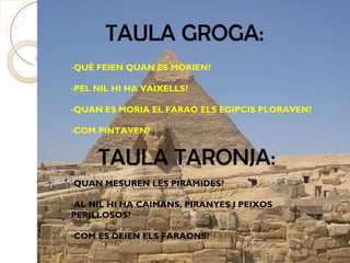 TAULA GROGA:
-QUÈ FEIEN QUAN ES MORIEN?

-PEL NIL HI HA VAIXELLS?

-QUAN ES MORIA EL FARAÓ ELS EGIPCIS PLORAVEN?

-COM PINTAVEN?


     TAULA TARONJA:
-QUAN MESUREN LES PIRÀMIDES?

-AL NIL HI HA CAIMANS, PIRANYES I PEIXOS
PERILLOSOS?

-COM ES DEIEN ELS FARAONS?
 