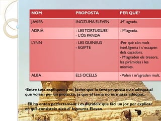 -Entre tots expliquen a en Javier que la seva proposta no s’adequa al
que volem per un projecte, ja que el tema no és massa adequat.

- Ell ho entén perfectament i es decideix que faci un joc per explicar
en què consisteix això d’ Inozuma Eleven.
 