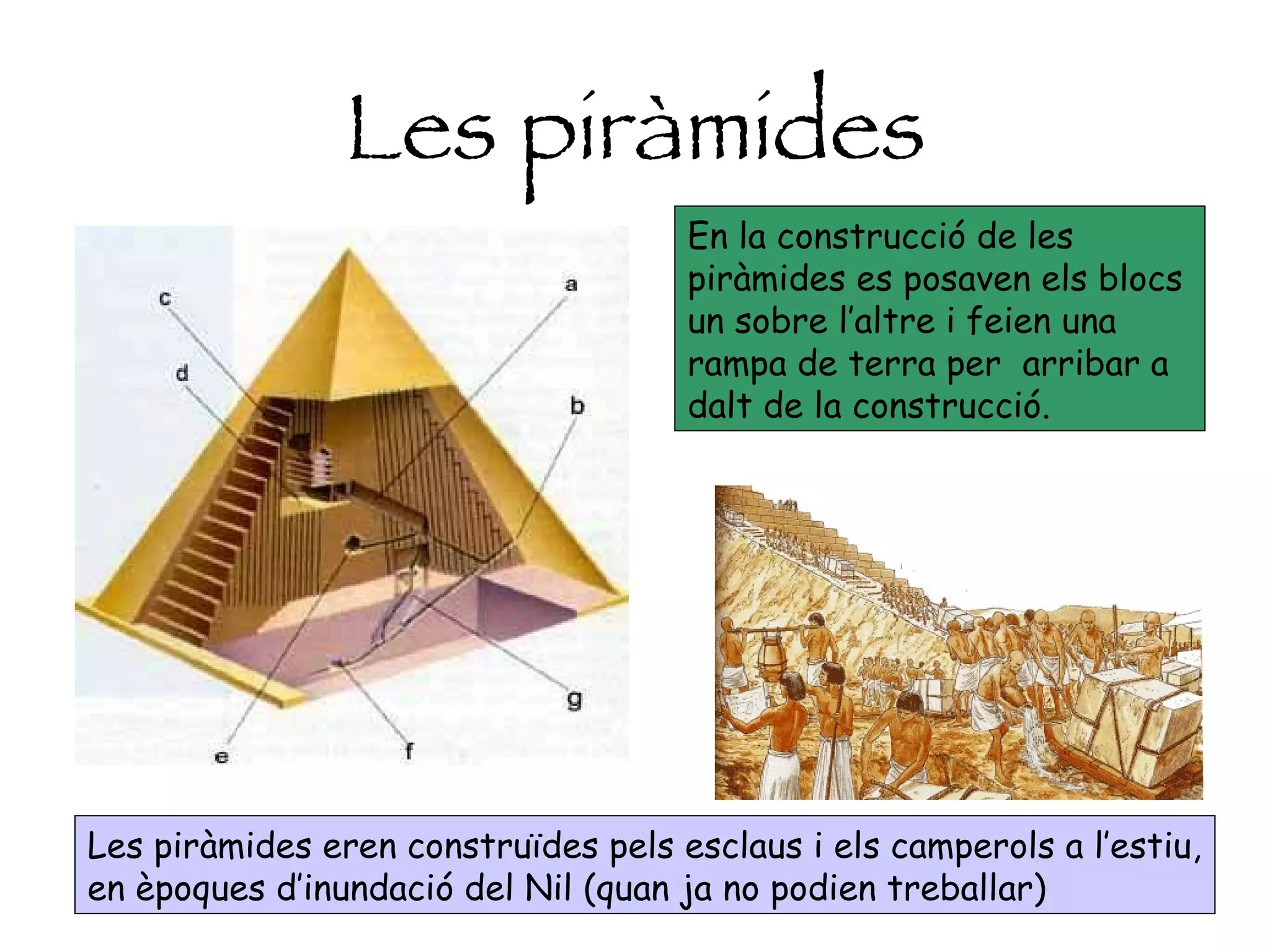 Les piràmides Les piràmides eren construïdes pels esclaus i els camperols a l’estiu, en èpoques d’inundació del Nil (quan ja no podien treballar) En la construcció de les piràmides es posaven els blocs un sobre l’altre i feien una rampa de terra per  arribar a dalt de la construcció. 