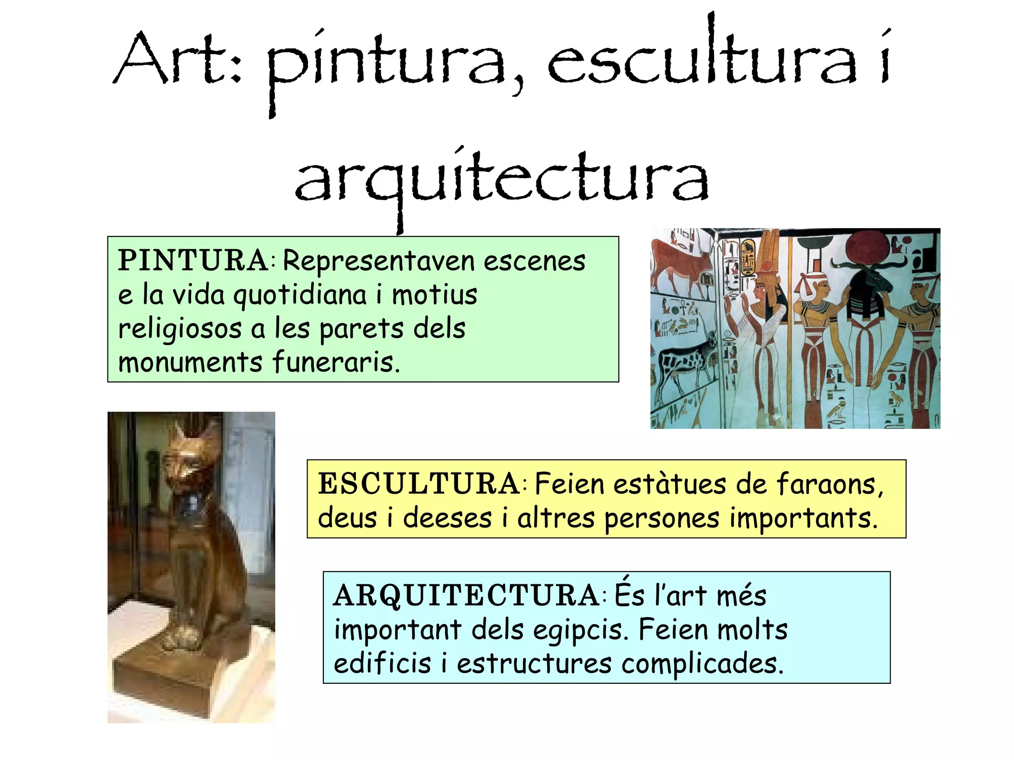 Art: pintura, escultura i arquitectura PINTURA :  Representaven escenes e la vida quotidiana i motius religiosos a les parets dels monuments funeraris.   ESCULTURA :  Feien estàtues de faraons, deus i deeses i altres persones importants.  ARQUITECTURA :  És l’art més important dels egipcis. Feien molts edificis i estructures complicades. 