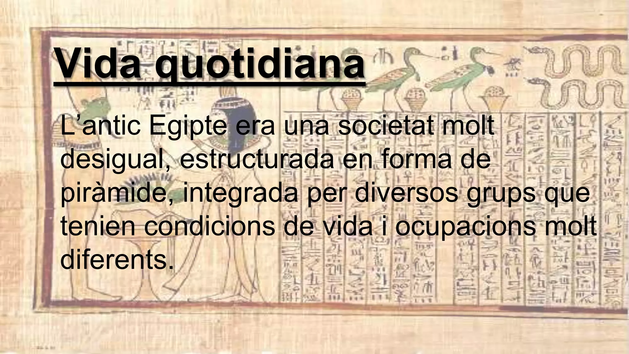 Vida quotidiana
L’antic Egipte era una societat molt
desigual, estructurada en forma de
piràmide, integrada per diversos grups que
tenien condicions de vida i ocupacions molt
diferents.
 