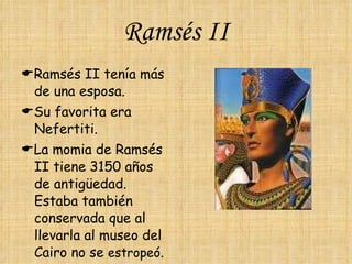 Ramsés II  Ramsés II tenía más de una esposa.  Su favorita era Nefertiti.  La momia de Ramsés II tiene 3150 años de antigüedad.  Estaba también conservada que al llevarla al museo del Cairo no se  estropeó . 