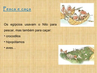Pesca e caça Os egípcios usavam o Nilo para pescar, mas também para caçar: crocodilos hipopótamos aves… 