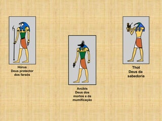 Hórus Deus protector dos faraós Anúbis Deus dos mortos e da mumificação Thot Deus da  sabedoria 