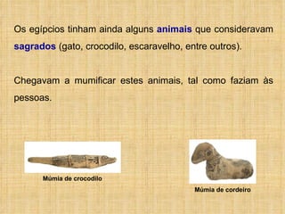 Os egípcios tinham ainda alguns  animais  que consideravam  sagrados  (gato, crocodilo, escaravelho, entre outros). Chegavam a mumificar estes animais, tal como faziam às pessoas. Múmia de crocodilo Múmia de cordeiro 