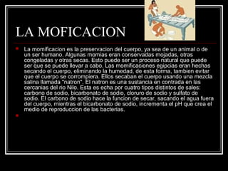LA MOFICACION
 La momificacion es la preservacion del cuerpo, ya sea de un animal o de
un ser humano. Algunas momias eran conservadas mojadas, otras
congeladas y otras secas. Esto puede ser un proceso natural que puede
ser que se puede llevar a cabo. Las momificaciones egipcias eran hechas
secando el cuerpo, eliminando la humedad, de esta forma, tambien evitar
que el cuerpo se corrompiera. Ellos secaban el cuerpo usando una mezcla
salina llamada "natron". El natron es una sustancia en contrada en las
cercanias del rio Nilo. Esta es echa por cuatro tipos distintos de sales:
carbono de sodio, bicarbonato de sodio, cloruro de sodio y sulfato de
sodio. El carbono de sodio hace la funcion de secar, sacando el agua fuera
del cuerpo, mientras el bicarbonato de sodio, incrementa el pH que crea el
medio de reproduccion de las bacterias.

 