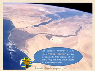 Los egipcios llamaron a esta
franja “tierras negras”, porque
las aguas del Nilo dejaban allí un
barro muy fértil de color oscuro
en el que sembraban.
fueradeclase-vdp.blogspot.com

 