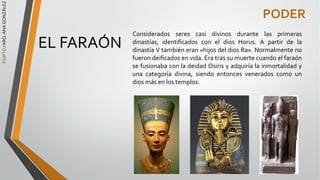 EGIPTO
/
ARQ.
ANA
GONZÁLEZ
PODER
EL FARAÓN
Considerados seres casi divinos durante las primeras
dinastías, identiﬁcados con el dios Horus. A partir de la
dinastía V también eran «hijos del dios Ra». Normalmente no
fueron deiﬁcados en vida. Era tras su muerte cuando el faraón
se fusionaba con la deidad Osiris y adquiría la inmortalidad y
una categoría divina, siendo entonces venerados como un
dios más en los templos.
 