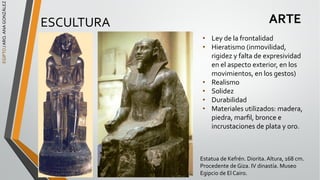 EGIPTO
/
ARQ.
ANA
GONZÁLEZ
ARTE
ESCULTURA
• Ley de la frontalidad
• Hieratismo (inmovilidad,
rigidez y falta de expresividad
en el aspecto exterior, en los
movimientos, en los gestos)
• Realismo
• Solidez
• Durabilidad
• Materiales utilizados: madera,
piedra, marﬁl, bronce e
incrustaciones de plata y oro.
Estatua de Kefrén. Diorita. Altura, 168 cm.
Procedente de Giza. IV dinastía. Museo
Egipcio de El Cairo.
 
