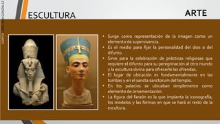 EGIPTO
/
ARQ.
ANA
GONZÁLEZ
ARTE
ESCULTURA
• Surge como representación de la imagen como un
elemento de supervivencia.
• Es el medio para ﬁjar la personalidad del dios o del
difunto.
• Sirve para la celebración de prácticas religiosas que
requiere el difunto para su peregrinación al otro mundo
y la escultura divina para ofrecerle las ofrendas.
• El lugar de ubicación es fundamentalmente en las
tumbas y en el sancta sanctorum del templo.
• En los palacios se ubicaban simplemente como
elemento de ornamentación.
• La ﬁgura del faraón es la que implanta la iconografía,
los modelos y las formas en que se hará el resto de la
escultura.
 