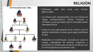 • Politeístas, cada dios tenía una función
determinada.
• Los dioses eran representados con una mezcla de
rasgos antropomórficos (forma humana) y
animales, ya que pensaban que los animales tenían
naturaleza divina.
• Creían en otra vida después de la muerte y que el
espíritu necesitaba el cuerpo para seguir existiendo
en ella.
• Realizaban la momificación. Consistía en vaciar el
cuerpo, impregnarlo de diversas sustancias y
envolverlo en vendas para conservar al difunto con
la misma apariencia que tenía en vida.
EGIPTO
/
ARQ.
ANA
GONZÁLEZ
RELIGIÓN
 