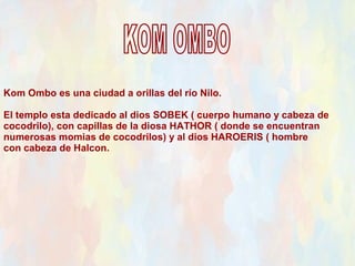 Kom Ombo es una ciudad a orillas del río Nilo.

El templo esta dedicado al dios SOBEK ( cuerpo humano y cabeza de
cocodrilo), con capillas de la diosa HATHOR ( donde se encuentran
numerosas momias de cocodrilos) y al dios HAROERIS ( hombre
con cabeza de Halcon.
 
