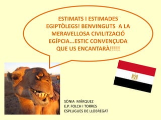 ESTIMATS I ESTIMADES
EGIPTÒLEGS! BENVINGUTS A LA
MERAVELLOSA CIVILITZACIÓ
EGÍPCIA...ESTIC CONVENÇUDA
QUE US ENCANTARÀ!!!!!
SÒNIA MÁRQUEZ
E.P. FOLCH I TORRES
ESPLUGUES DE LLOBREGAT
 