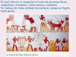 El nivel inferior lo componían el resto de personas libres,
campesinos, artesanos, comerciantes y soldados.
Por debajo de todos estaban los esclavos, aunque en Egipto
había pocos.
 
