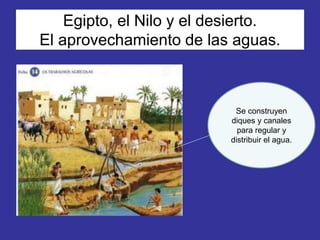 Egipto, el Nilo y el desierto.
El aprovechamiento de las aguas.
Se construyen
diques y canales
para regular y
distribuir el agua.
 