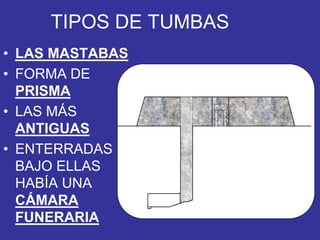 TIPOS DE TUMBAS
• LAS MASTABAS
• FORMA DE
PRISMA
• LAS MÁS
ANTIGUAS
• ENTERRADAS
BAJO ELLAS
HABÍA UNA
CÁMARA
FUNERARIA
 