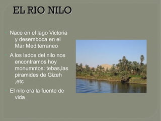 EL RIO NILOEL RIO NILO
●
Nace en el lago Victoria
y desemboca en el
Mar Mediterraneo
●
A los lados del nilo nos
encontramos hoy
monumntos: tebas,las
piramides de Gizeh
,etc
●
El nilo era la fuente de
vida
 