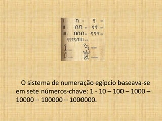 O sistema de numeração egípcio baseava-se
em sete números-chave: 1 - 10 – 100 – 1000 –
10000 – 100000 – 1000000.
 