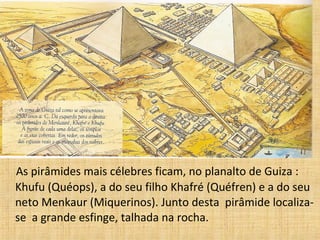 As pirâmides mais célebres ficam, no planalto de Guiza :
Khufu (Quéops), a do seu filho Khafré (Quéfren) e a do seu
neto Menkaur (Miquerinos). Junto desta pirâmide localiza-
se a grande esfinge, talhada na rocha.
 