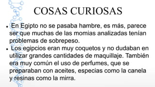 COSAS CURIOSAS
En Egipto no se pasaba hambre, es más, parece
ser que muchas de las momias analizadas tenían
problemas de sobrepeso.
Los egipcios eran muy coquetos y no dudaban en
utilizar grandes cantidades de maquillaje. También
era muy común el uso de perfumes, que se
preparaban con aceites, especias como la canela
y resinas como la mirra.