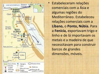 • Estabeleceram relações
comerciais com a Ásia e
algumas regiões do
Mediterrâneo. Estabeleceu
relações comerciais com a
Líbano, o Ponto, Núbia. Para
a Fenícia, exportavam trigo e
linho e de lá importavam os
metais e a madeira de que
necessitavam para construir
barcos de grandes
dimensões, móveis.

 