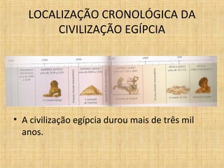 LOCALIZAÇÃO CRONOLÓGICA DA
CIVILIZAÇÃO EGÍPCIA

• A civilização egípcia durou mais de três mil
anos.

 