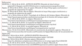 Referencias:
EGIPCIA, C. (06 de 06 de 2019). ANTIGUO EGIPTO. Obtenido de http://cultura-
egipcia2011.blogspot.com/2011/05/ubicacion-y-emplazamientos-geograficos.html
Egipto, B. (06 de 06 de 2019). clima de egipto. Obtenido de https://blog-egipto.com/historia-y-
geografia-de-egipto/clima-de-egipto
Egipto, B. (06 de 06 de 2019). Rios de Egipto. Obtenido de https://blog-egipto.com/historia-y-
geografia-de-egipto/rios-de-egipto
estudiar, A. p. (06 de Junio de 2019). Cronología de la Historia del Antiguo Egipto. Obtenido de
https://apuntesparaestudiar.com/historia/cronologia-de-la-historia-del-antiguo-egipto/
historia, c. d. (06 de 06 de 2019). la religion. Obtenido de
http://www.claseshistoria.com/bilingue/1eso/egypt/religion-esp.html
historia, c. d. (06 de 06 de 2019). La economía de Egipto. Obtenido de
http://www.claseshistoria.com/bilingue/1eso/egypt/economy-esp.html
historia, c. d. (06 de 06 de 2019). la sociedad egipcia. Obtenido de
http://www.claseshistoria.com/bilingue/1eso/egypt/society-esp.html
Monumentos. (04 de 04 de 2019). Materiales de construcción de pirámides egipcias. Obtenido de
https://www.maravillas-del-mundo.com/Piramides-de-Egipto/Materiales-de-las-piramides-de-
Egipto.php
Slideshare. (06 de 06 de 2019). ANTIGUO EGIPTO. Obtenido de
https://es.slideshare.net/luciazalmiron/antiguo-egipto-13872369
Slideshare. (06 de 06 de 2019). Estetica egipcia. Obtenido de
https://es.slideshare.net/gabyromero1984/esttica-en-el-antigo-egipto-final-40848198
Universal, H. (06 de 06 de 2019). Organización política de Egipto. Obtenido de
https://www.historialuniversal.com/2009/08/organizacion-politica-egipto-faraon.html
 