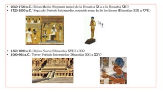 • 2050-1720 a.C.: Reino Medio (Segunda mitad de la Dinastía XI a a la Dinastía XIII)
• 1720-1550 a.C.: Segundo Periodo Intermedio, conocido como la de los hicsos (Dinastías XIII a XVII)
• 1550-1080 a.C.: Reino Nuevo (Dinastías XVIII a XX)
• 1080-664 a.C.: Tercer Periodo Intermedio (Dinastías XXI a XXV)
 