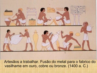 Artesãos a trabalhar. Fusão do metal para o fabrico do
vasilhame em ouro, cobre ou bronze. (1400 a. C.)
 