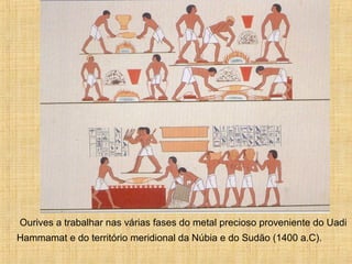 Ourives a trabalhar nas várias fases do metal precioso proveniente do Uadi
Hammamat e do território meridional da Núbia e do Sudão (1400 a.C).
 
