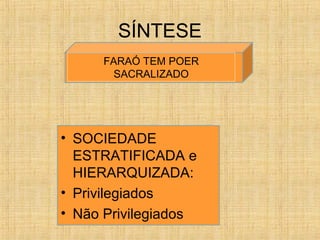 SÍNTESE
FARAÓ TEM POER
SACRALIZADO
• SOCIEDADE
ESTRATIFICADA e
HIERARQUIZADA:
• Privilegiados
• Não Privilegiados
 