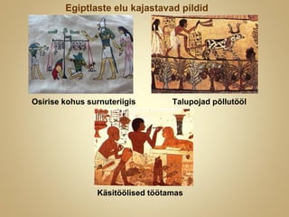 Osirise kohus surnuteriigis Talupojad põllutööl
Käsitöölised töötamas
Egiptlaste elu kajastavad pildid
 