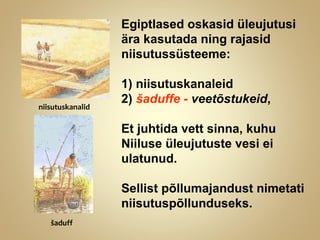 Egiptlased oskasid üleujutusi
ära kasutada ning rajasid
niisutussüsteeme:
1) niisutuskanaleid
2) šaduffe - veetõstukeid,
Et juhtida vett sinna, kuhu
Niiluse üleujutuste vesi ei
ulatunud.
Sellist põllumajandust nimetati
niisutuspõllunduseks.
niisutuskanalid
šaduff
 