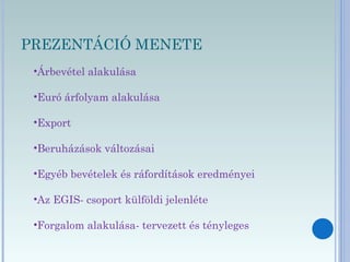 PREZENTÁCIÓ MENETE
•Árbevétel alakulása
•Euró árfolyam alakulása
•Export
•Beruházások változásai
•Egyéb bevételek és ráfordítások eredményei
•Az EGIS- csoport külföldi jelenléte
•Forgalom alakulása- tervezett és tényleges
 