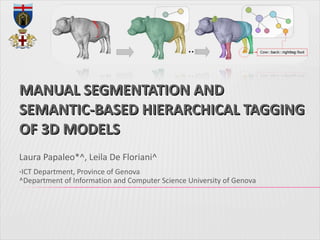 MANUAL SEGMENTATION AND  SEMANTIC-BASED HIERARCHICAL  TAGGING OF 3D MODELS Laura Papaleo*^, Leila De Floriani^ * ICT Department, Province of Genova ^Department of Information and Computer Science University of Genova 