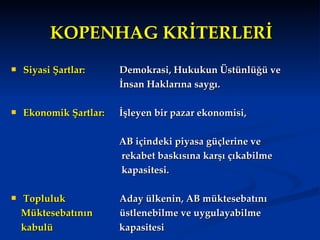 KOPENHAG KRİTERLERİ Siyasi Şartlar:     Demokrasi, Hukukun Üstünlüğü ve    İnsan Haklarına saygı. Ekonomik Şartlar:   İşleyen bir pazar ekonomisi,  AB içindeki piyasa güçlerine ve  rekabet baskısına karşı çıkabilme  kapasitesi.  Topluluk  Aday ülkenin, AB müktesebatını  Müktesebatının   üstlenebilme ve uygulayabilme   kabulü  kapasitesi   