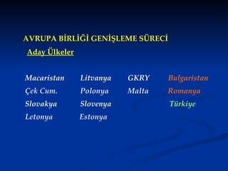 AVRUPA BİRLİĞİ GENİŞLEME SÜRECİ Aday Ülkeler Macaristan Litvanya  GKRY  Bulgaristan  Çek Cum. Polonya  Malta   Romanya Slovakya Slovenya   Türkiye Letonya  Estonya 
